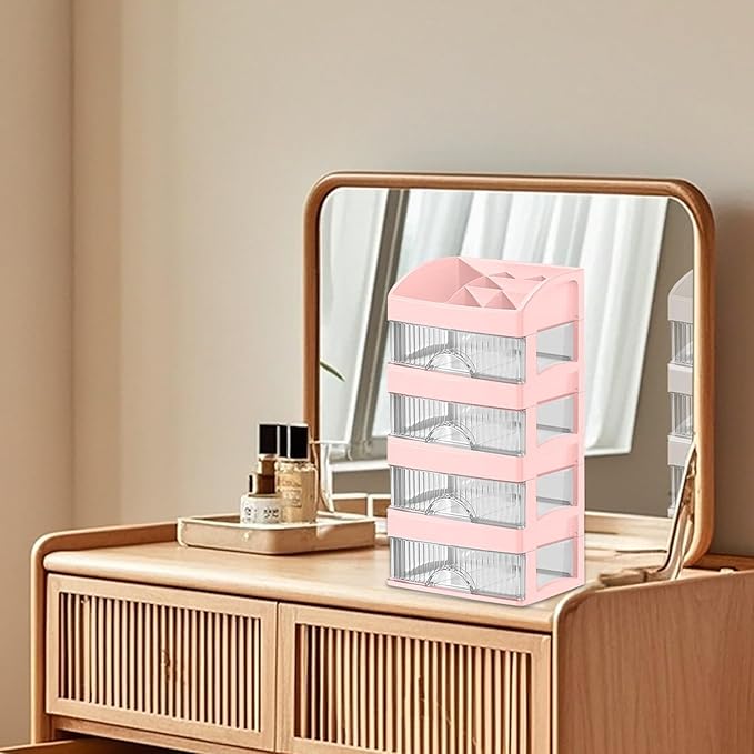 Makeup and Jewelry Organizer-Multilayer Transparent Drawer Storage,Desk Drawer Organizer-Cosmetics Jewelry Storage Cabinet,Desktop Rack for Stationery | Household Storage,for School Home (pink, S)