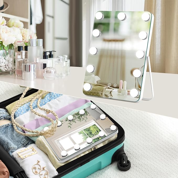halumao Vanity Mirror with Lights, Rechargeable Makeup Mirror, 14.6" Lighted Makeup Mirror for Dressing Room & Bedroom,Memory Function