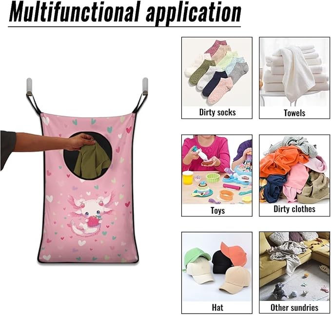 ZFRXIGN Axolotl Strawberry Hanging Hampers for Laundry Over The Door Laundry Hamper Dirty Clothes Storage Pink Laundry Baskets Space Saving Hamper Zipper Closure Toy Organizers Home Decor