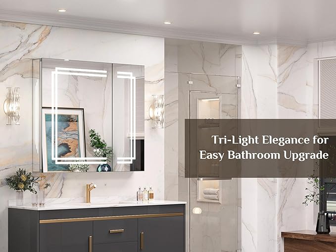 Keonjinn 36 x 32 Inch Lighted Medicine Cabinet, Large Medicine Cabinet with LED Bathroom Mirror, Tempered Glass, Adjustable Shelves, Double Doors, 3 Color Temperature, Anti-Fog, Surface Mount Only