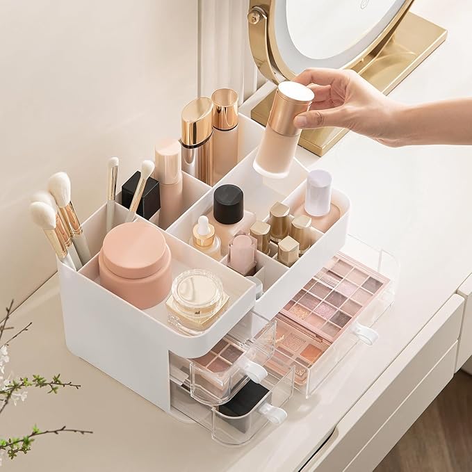 HBlife Makeup Organizer for Vanity Bathroom Organizer Large Skincare Organizers with 3 Drawers Makeup Organizers and Storage Cosmetic Storage, White