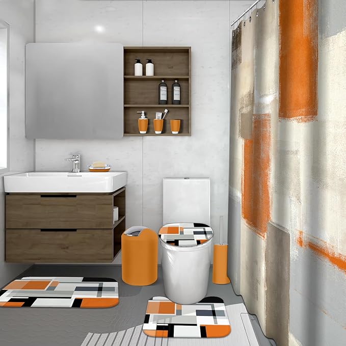 Lnond Orange Bathroom Set, 23-Piece Orange Abstract Bathroom Decor Set with with Shower Curtain and Rugs, Trash Can, Toilet Brush Holder Set & Soap Dispenser