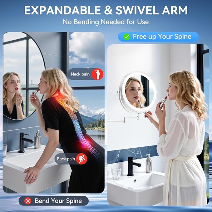 9'' 30X/1X Wall Mounted Lighted Makeup Mirror, 5000mAh Rechargeable Double-Sided Magnifying Mirror with Light, Bathroom Mirror Touch Dimmable 3 Colors 360ยฐ Rotation Extended Arm, Power Adapter
