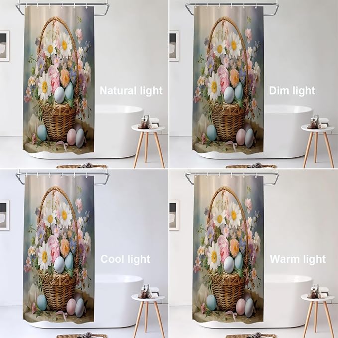 Shrahala Basket Flowers Eggs Decorative Shower Curtain, A Basket Filled with Flowers and Eggs Bathroom Décor Polyester Fiber Waterproof with Plastic Rings for Shower Stall Bathtubs 72 X 36 in