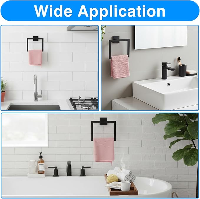 2 Pack Matte Black Towel Ring, Stainless Steel Hand Towel Holder, Modern Square Wall Mounted Bathroom Rack Hangers