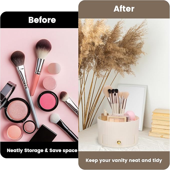Makeup Brush Organizer Holder with 5 Slots and Drawer, Large Capacity Vanity Desktop Storage Stand for Cosmetics, Skincare Products - Nordic Style Bathroom Countertop Organizer