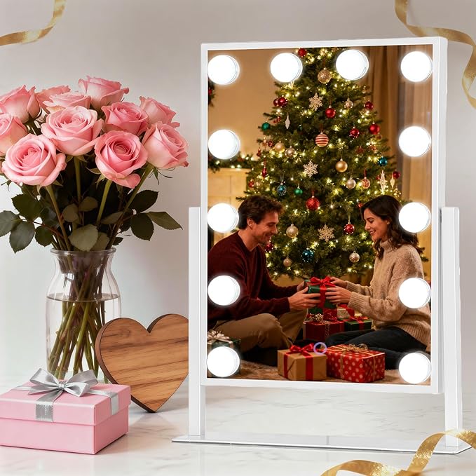 Hollywood Vanity Mirror with Lights 14" x 19", 10x Magnifying, 12 LED Bulbs, 3 Color Lights and 360° Rotation Desk Lighted Makeup Mirror for Bedroom Dresser College Dorm