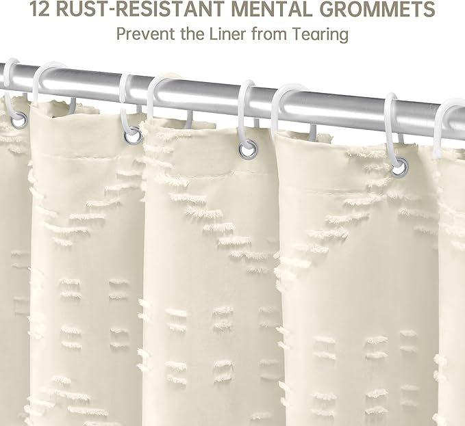 Cream Boho Woven Fabric Shower Curtain, 72 x 72 Tufted Chevron Textured Striped Modern Farmhouse Minimalist Cloth Curtain for Bathroom