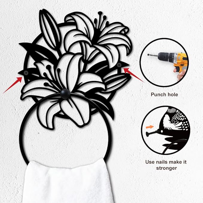 MAYJOYDIY Lily Bouquet Metal Towel Ring Round Flower Leaves Hand Towel Holder Fragrant Ring Hanger Wall Mount Black Vintage Towels Wall Organizer for Kitchen Bath Home Laundry Room Decors Gifts