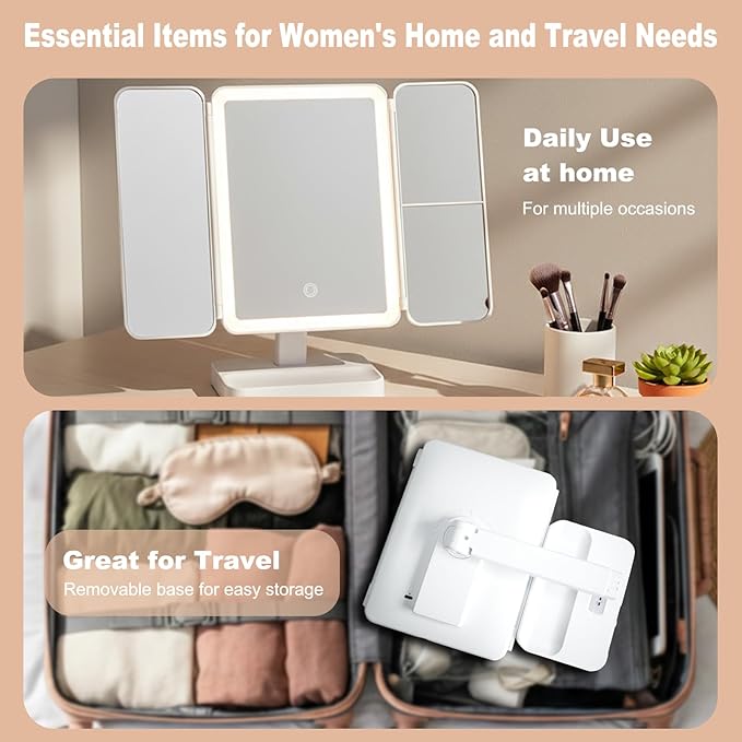 2026 Newly Upgraded Three-Sided Folding Makeup Mirror, Desktop LED Two-in-one Seashell-Shaped Three-Sided Mirror, Large Size with Adjustable Light