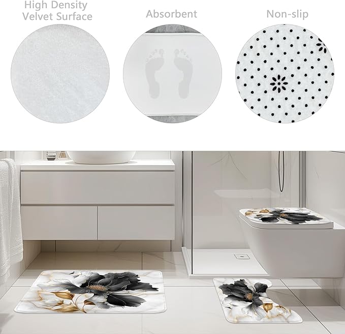 Riyidecor Black Gold Floral 4Pcs Bathroom Shower Curtain Sets Abstract Flower Aesthetic Bathroom Decor Set with Rugs and Accessories Minimalist Toilet Lid Rug, Contour and Bath Mat with 12 Hooks