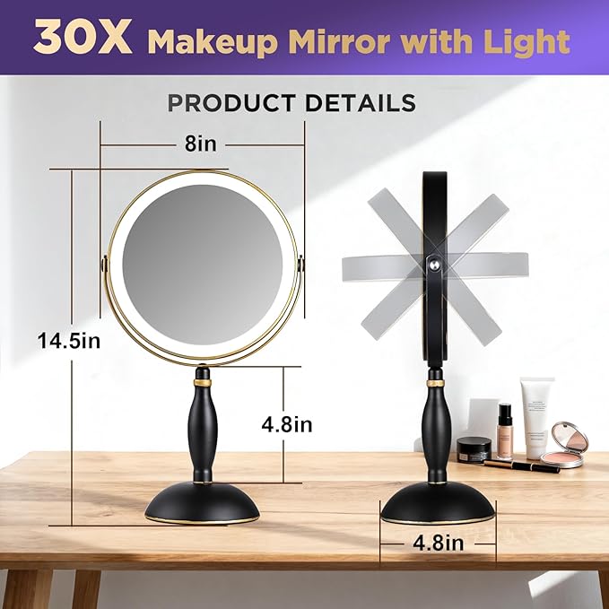 30x Magnifying Mirror with Light, Matte Black with Gold Trim, Makeup Mirror with 3 Color Lights & Brightness Adjustable, 5000mAh Rechargeable Vanity Mirror, Modern Style Side Touch + Side Charge