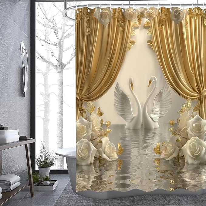 NBVKO 4Pcs Luxury Swan Rose Printed Shower Curtain Set with 12 Hooks Non-Slip Rugs,Toilet Lid Cover and Bath Mat, Stylish Bathroom Decor for Hotel & Home Bathroom