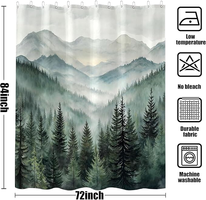 Accnicc Forest Mountain Shower Curtain Dark Green Nature Misty Pine Tree Shower Curtains for Bathroom Foggy Rustic Woodland Decorative Waterproof Fabric Bath Curtain Decor 72×84 Inches