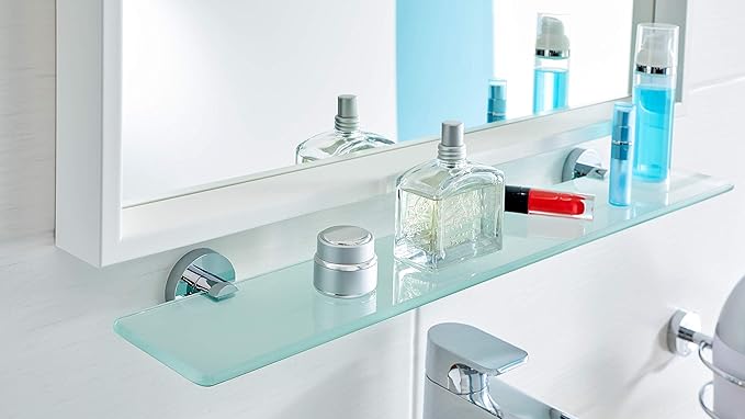 tesa SMOOZ Glass Bathroom Shelf - No Drill Shelf Made of Satined Glass and Chrome-Plated Metal - Stainless - Waterproof - Includes Removable Adhesive Solution, 121 mm x 600 mm x 50 mm