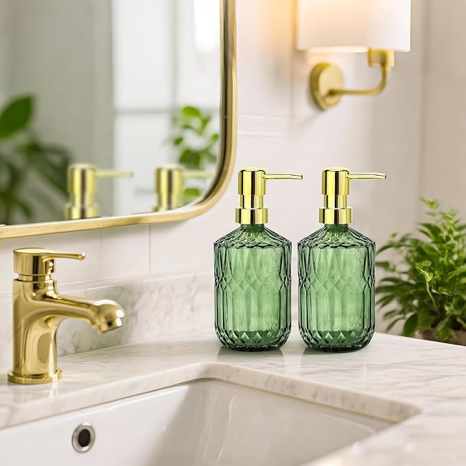 Green Glass Soap Dispenser (15.4 Oz, 1 Pack), Dish Soap Dispenser with Golden Rust Proof Pump for Kitchen Sink, Refillable Bathroom Hand Soap Lotion Dispenser