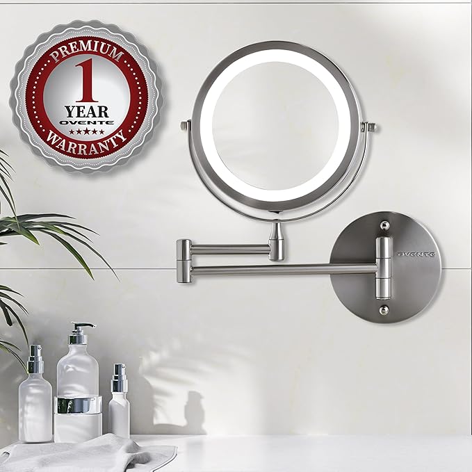 OVENTE Wall Mounted Lighted Makeup Mirror, 7" Double Sided 1X/10X Magnifying Vanity Mirror for Bathroom with LED Lights, Cordless, 360° Rotation and 13" Extendable Arm, Nickel Brushed MFW70BR1X10X