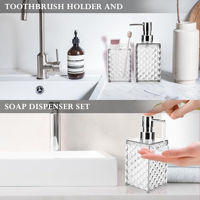 Bathroom Accessories Set 2 PCS, White Bathroom Accessories Include Soap Dispenser and Toothbrush Holder, Diamond Pattern Bathroom Set for Boho Bathroom Decor