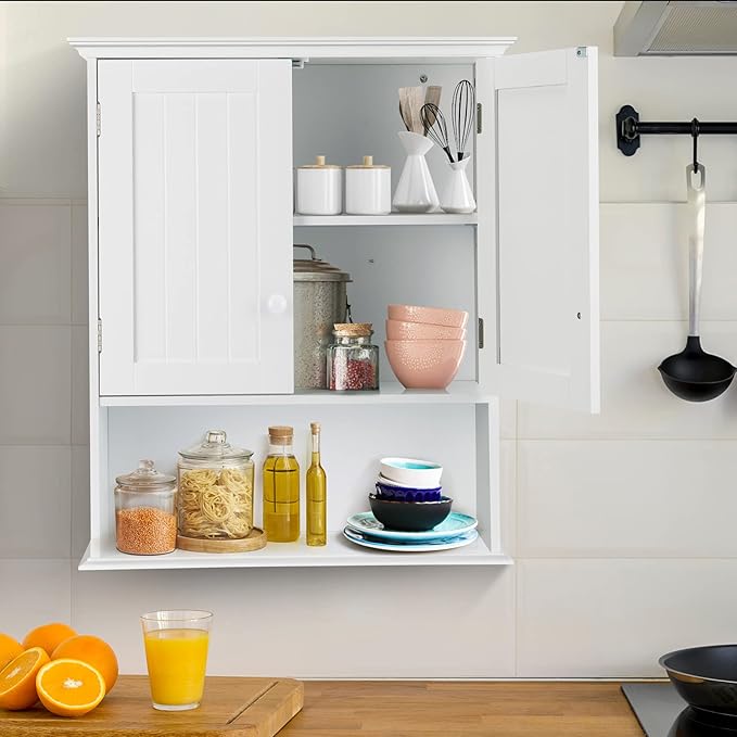 COSTWAY Wall Mounted Bathroom Cabinet, Over The Toilet Storage Cabinet w/Double Doors & Adjustable Shelf, Wood Hanging Medicine Cabinet for Living Room, Entryway, Kitchen (White)
