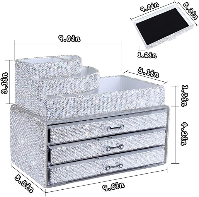 KEYPOWER Makeup Organizers Drawer Bling Diamond,Countertop Jewelry Cosmetic Storage Display Boxes,Makeup Brush Holder,2 Pieces Set(Purely Handmade)(White)