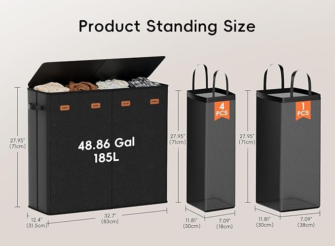 Laundry Hamper 4-Section with Lid, 185L Laundry Sorter with 4 Removable Bags + 1 Extra Large Bag, Switchable 3/4 Compartment, Laundry Basket Organizer for Bedroom, Laundry Room,Black