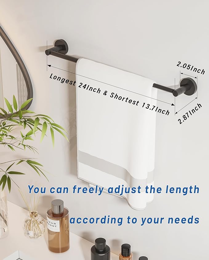 Adjustable Towel Bar, Bathroom Towel Holder from 13.7 to 24Inch, SUS304 Stainless Steel Single Towel Racks for Bathroom, Heavy Duty Wall Mounted (Matte Black)