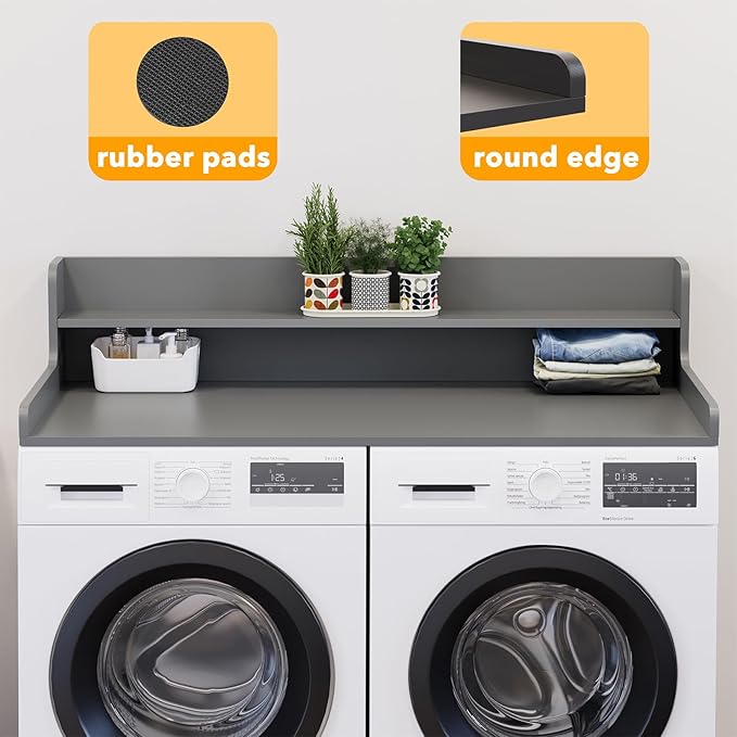 SpaceAid Washer Dryer Countertop with 2-Tier Shelf, Wood Topper with Edge, 54" Width x 27.5" Depth Cover Organizer Guard for Washer and Dryer Counter Laundry Hamper Storage (Gray)