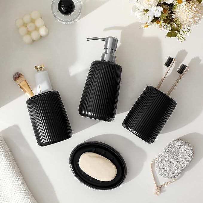 vancasso Ceramic Bathroom Accessories Set 4 Piece, Soap Dispenser with Stainless Steel Pump, Toothbrush Holder, Tumbler and Soap Dish, Modern Relief Design, Bathroom Decor Organizer, Black