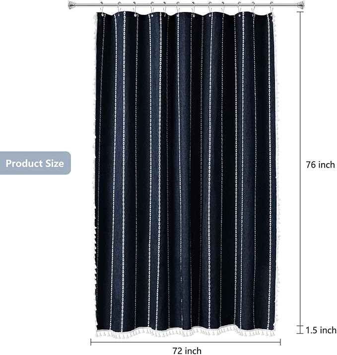 72 x 76 inch Extra Long Boho Chic Shower Curtain Heavyweight with Tassels, Navy Linen Textured Fabric Farmhouse Shower Curtain, Elegant White Striped Bathroom Curtain Water Repellent