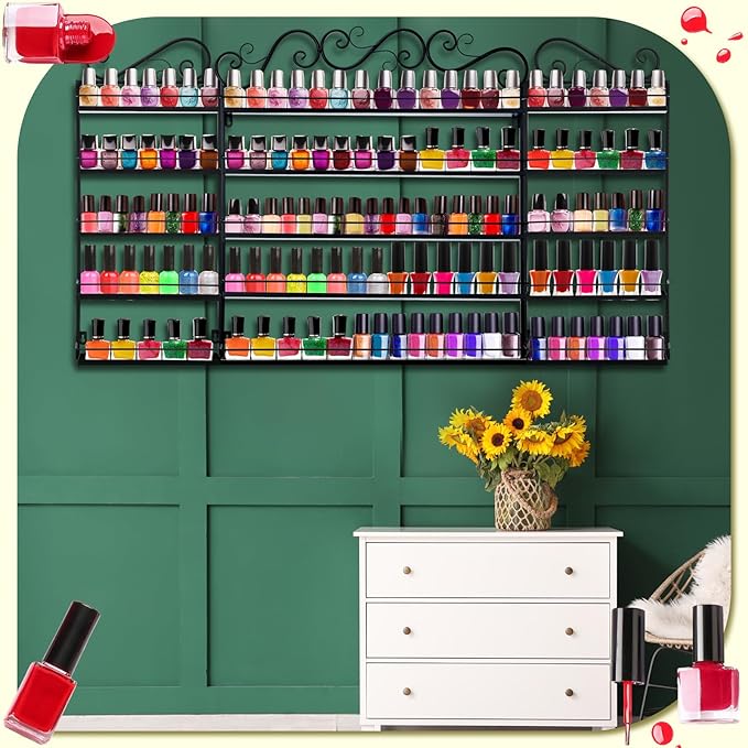 Sintuff 3 in 1 Nail Polish Rack Wall Mount Nail Polish Organizer 5 Tiers Shelf Storage Display Holder Stand Holds 200 Bottles for Home Salon Business Spa(Black)