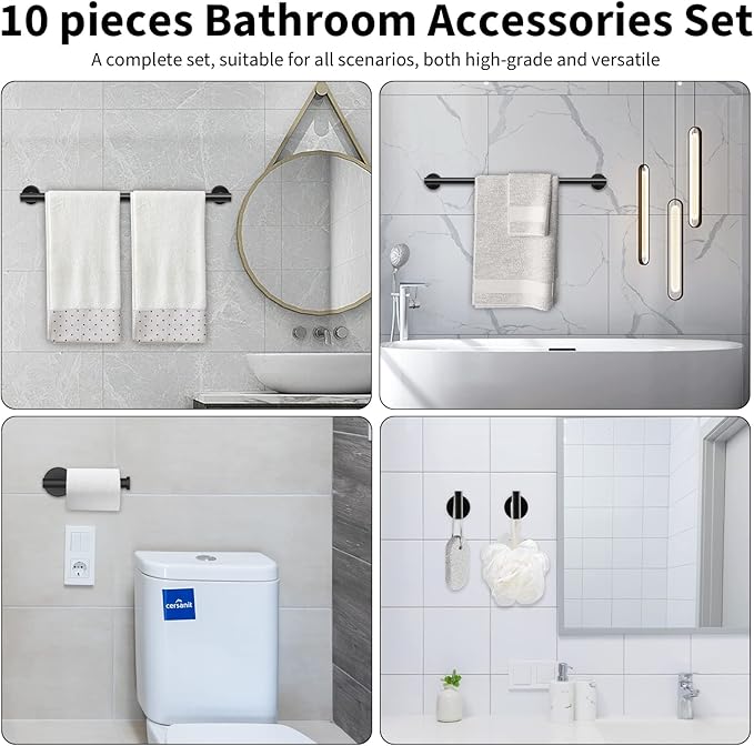 Newfun 10 Pieces Matte Black Bathroom Hardware Set - Includes 24 inch Towel Bar, Robe Hook, Toilet Paper Holder, Stainless Steel Bathroom Accessories Set for Bathroom Wall Mounted