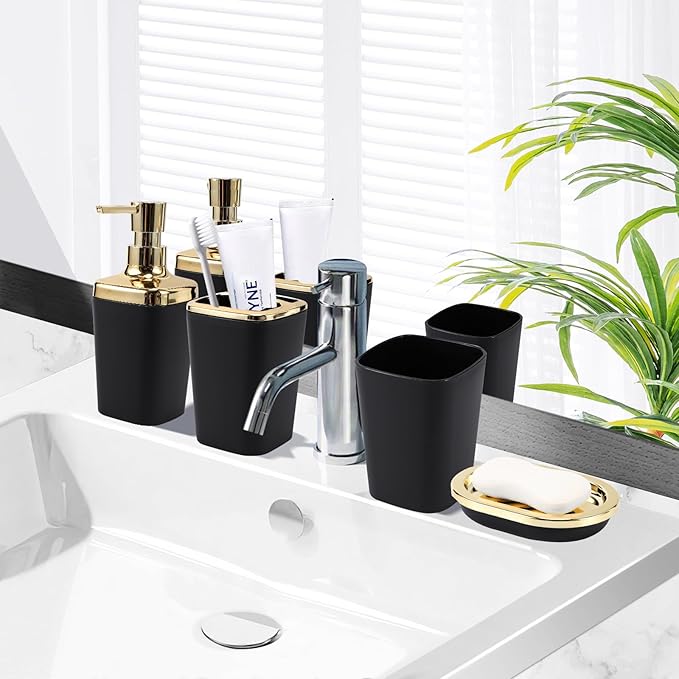 XLHOMO Black Bathroom Set, Bathroom Sets with Stripe Shower Curtain, Black and Gold Bathroom Accessories with Trash Can, Soap Dispenser, Soap Dish, Toilet Brush Holder, Qtip Holders for Bathroom