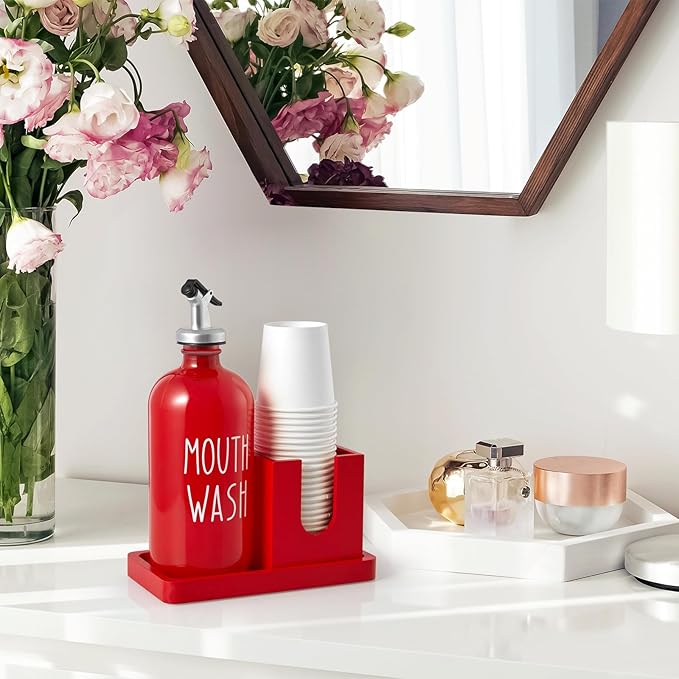 Glass Mouthwash Dispenser for Bathroom, 16 OZ Mouthwash Dispenser with Pour Spout and Wood Cup Holder and Tray, Mouth Wash Bottle Container, Red Kitchen Bathroom Decor and Accessories