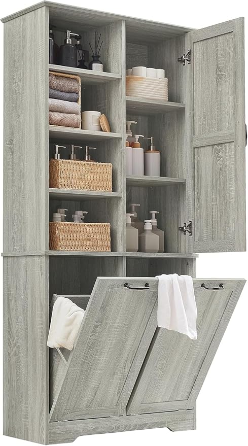 Virubi Tall Laundry Hamper Cabinet with 2 Tilt Out Hamper, Modern Wood Bathroom Laundry Storage Cabinet with Adjustable Shelves, Freestanding,Oak