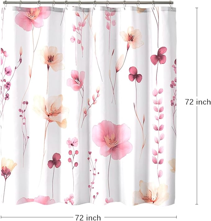 Pink Floral Shower Curtain, Watercolor Flower Shower Curtains for Bathroom, Modern Minimalist Waterproof Fabric Bath Decoration 72x72 Inch