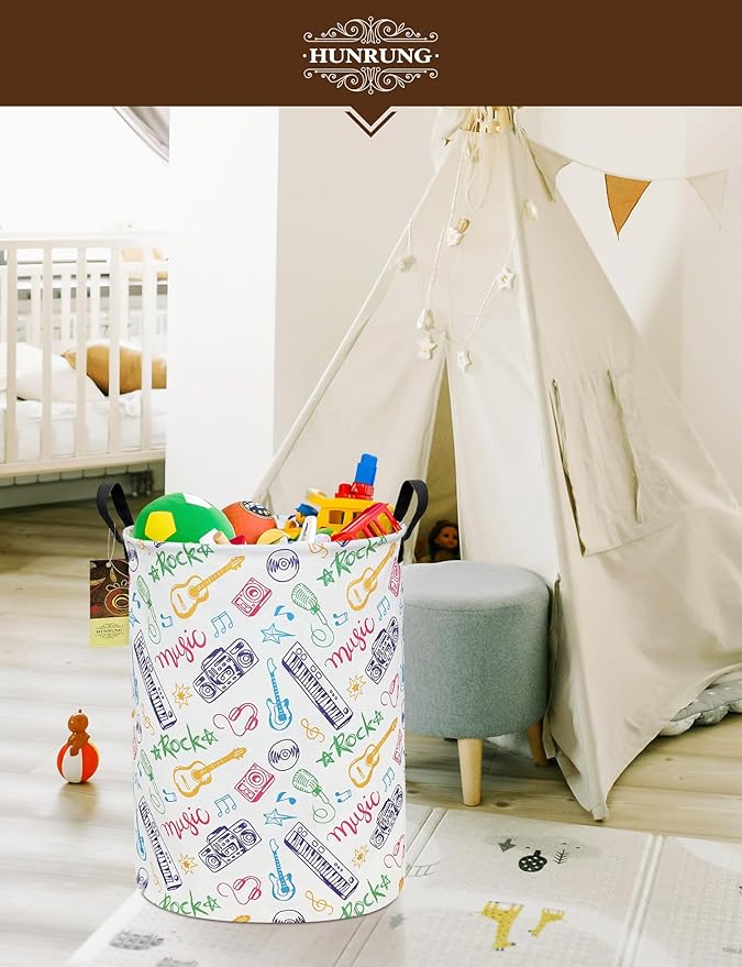 HUNRUNG Laundry Hamper,Large Canvas Fabric Lightweight Storage Basket Toy Organizer Dirty Clothes Collapsible Waterproof for College Dorms???Round-Musical instrument???