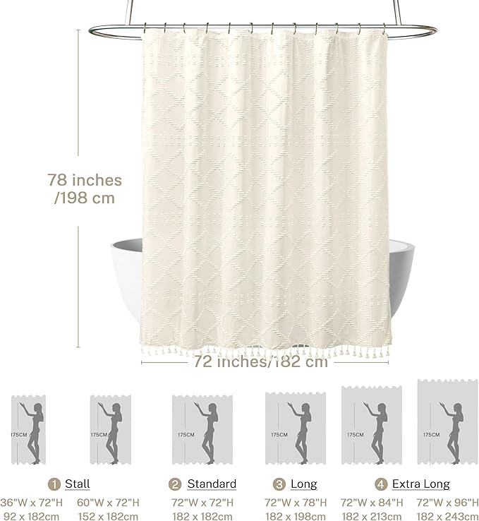 Extra Long Cream Boho Shower Curtain, 72 x 78 Tufted Chevron Textured Striped Modern Farmhouse Minimalist Woven Fabric for Bathroom