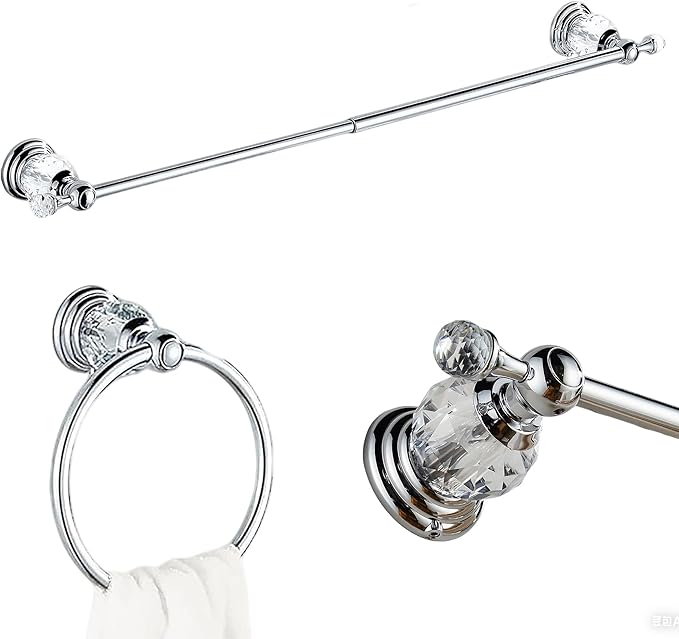 Crystal Bathroom Accessories,Chrome Towel Bar Set Adjustable,Polished Silver Toilet Paper Holder Towel Ring Coat Hooks Bathroom Hardware 4 Pieces Wall Mounted