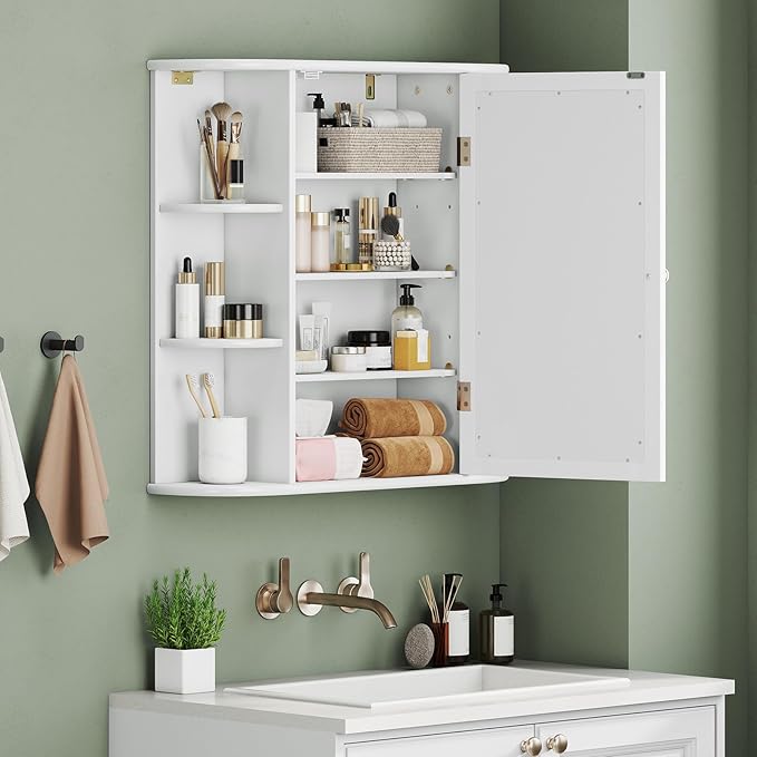 Giantex Bathroom Medicine Cabinet, Wall Mounted Bathroom Mirror Cabinet with Mirrored Door & 4 Interior Shelves, 6 Open Shelves, Mounting Hardware, Space-Saving Storage Cabinet, White
