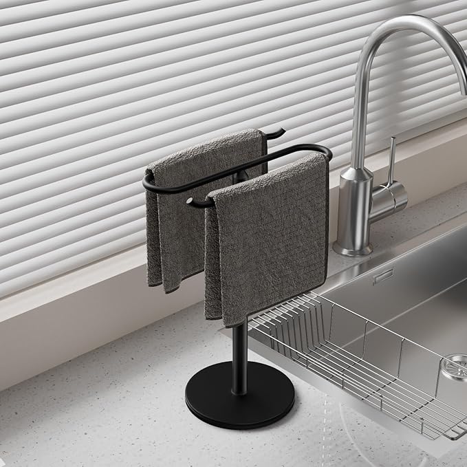 Hand Towel Holder Stand Countertop Towel Rack Stainless Steel Tower Bar S Shape with Heavy Base Freestanding for Bathroom Kitchen Vanity (Matte Black)