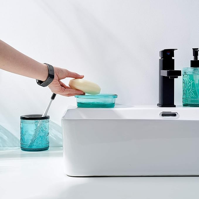 4PCs Teal Blue Glass Bathroom Accessories Set with Decorative Pressed Pattern - Includes Hand Soap Dispenser & Tumbler & Soap Dish & Toothbrush Holder (Bathroom Accessories Blue)
