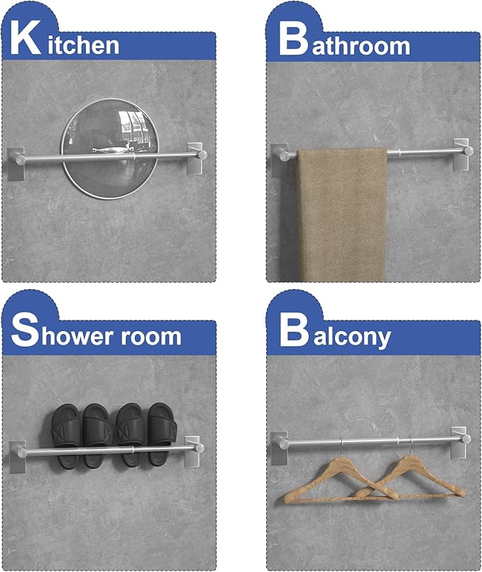 Adhesive Adjustable Towel Bar, HOMOTEK Economical Self Stick Bathroom Towel Holders, Towel Rod Size from 12 Inch to 22 Inch Single Rack Hanger for Kitchen(1 Pack Brushed Stainless Steel)