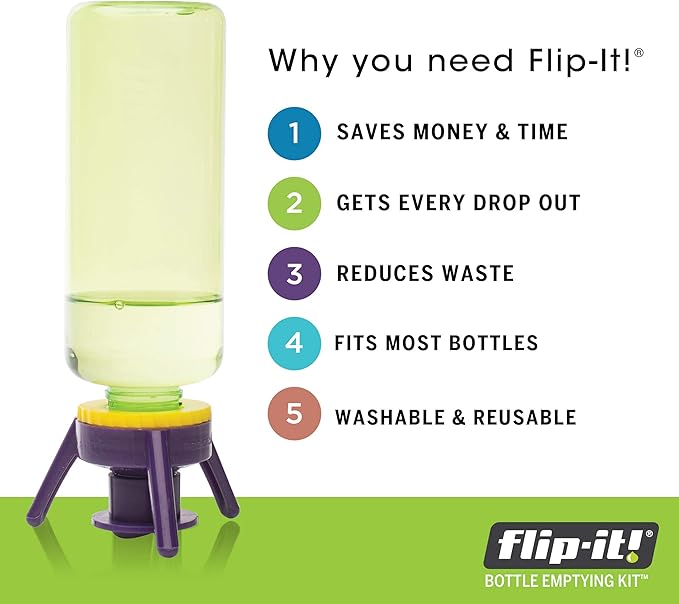 Flip-It! Bottle Emptying Kit β 6 Bottle Pack - No more wasted product - Fits most plastic bottles β 6 Base Caps, 6 Adapters β Bright Color Edition
