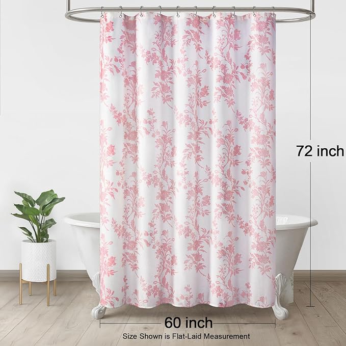 Pink Floral Shower Curtain,Vintage Cotton Cottagecore Shower Curtains for Bathroom, 60" W x 72" L