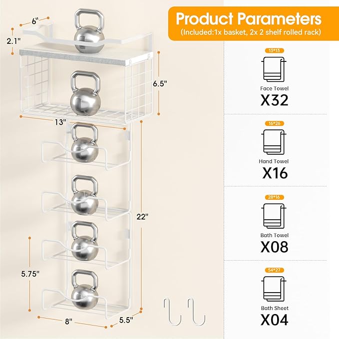 Towel Racks for Bathroom,Towel Rack Wall Mounted, 6 Tier Rolled Or Folded Towel Holder with Floating Shelves, Bathroom Towel Holder for Bath, Hand Towels,Metal,Full White