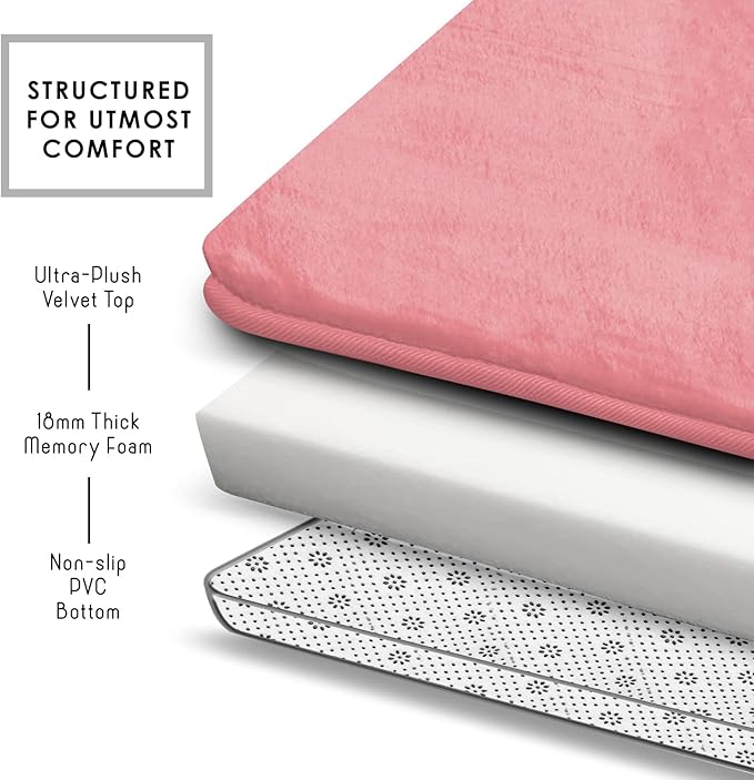 Clara Clark Bathroom Rugs, Velvet Memory Foam Bath Mat, Non-Slip, Machine Washable Bath Rugs - Dries Quickly, Ultra Soft Plush Bath Mats for Bathroom, 17 x 24, Coral Pink