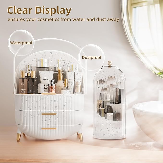 fanado Makeup Organizers Countertop, Makeup organization for Vanity, Cosmetic Storage with Lid and Drawers, Skincare Display Cases with for Desktop, Bathroom (White)