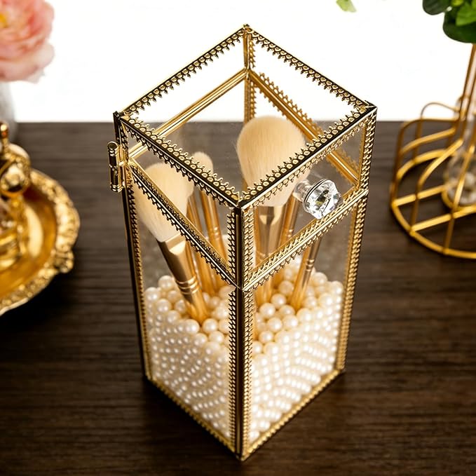 Pumtus Makeup Brush Holder Organizer with Lid, Glass Cosmetic Make Up Brushes Container, Clear Makeup Tool Storage Box Cup with Pearls, Vintage Dustproof Vanity Decor for Countertop Desktop