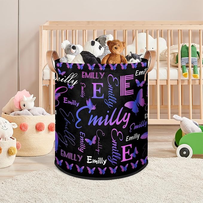 Custom Purple Butterfly Laundry Hamper, Personalized Laundry Baskets with Handles Dirty Clothes Hamper Storage Basket