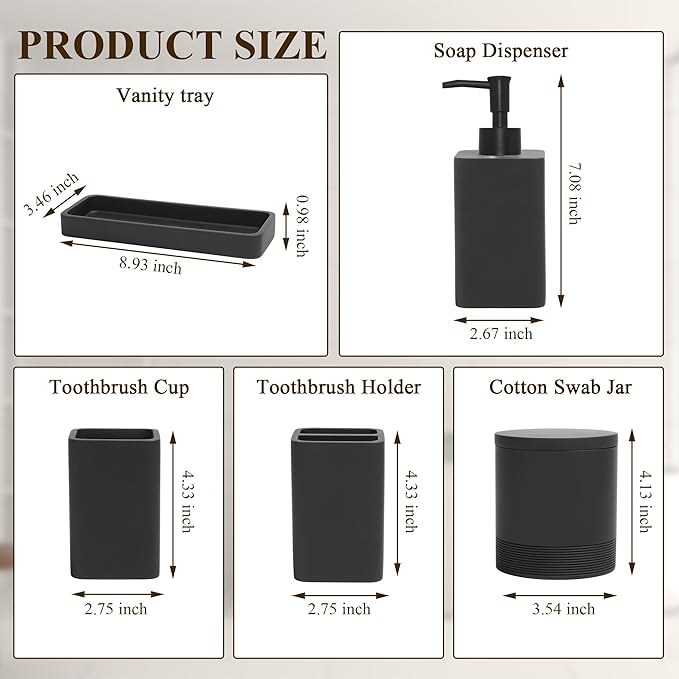 YMXYJM Bathroom Accessories Set, 6 Piece Bathroom Set with Toothbrush Holders, Soap Dispenser, Vanity Tray, Tumbler, Cotton Swab Jars, Bathroom Organizer,Bathroom Sink Sets, Matte Black